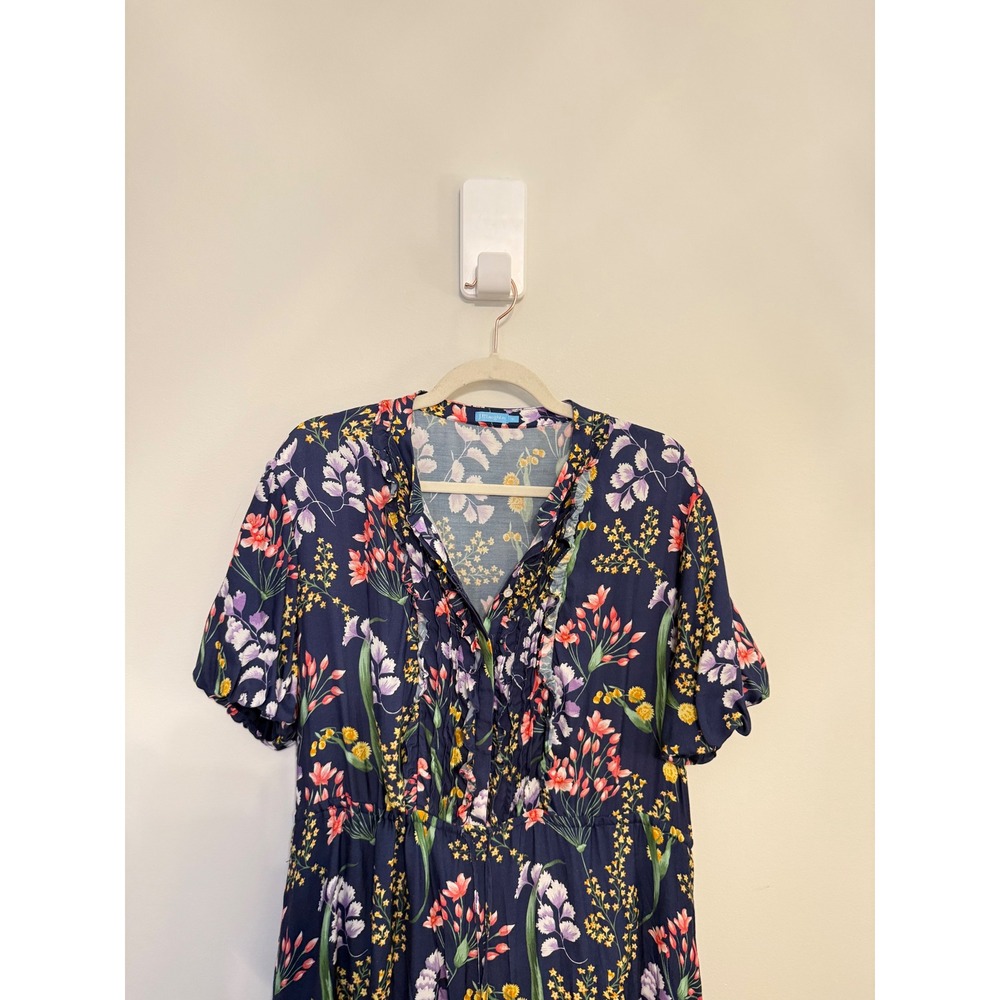 J.McLaughlin Silk Blend Floral Tiered Midi Dress Blue Ruffle Neck Pockets XL - Picture 6 of 12